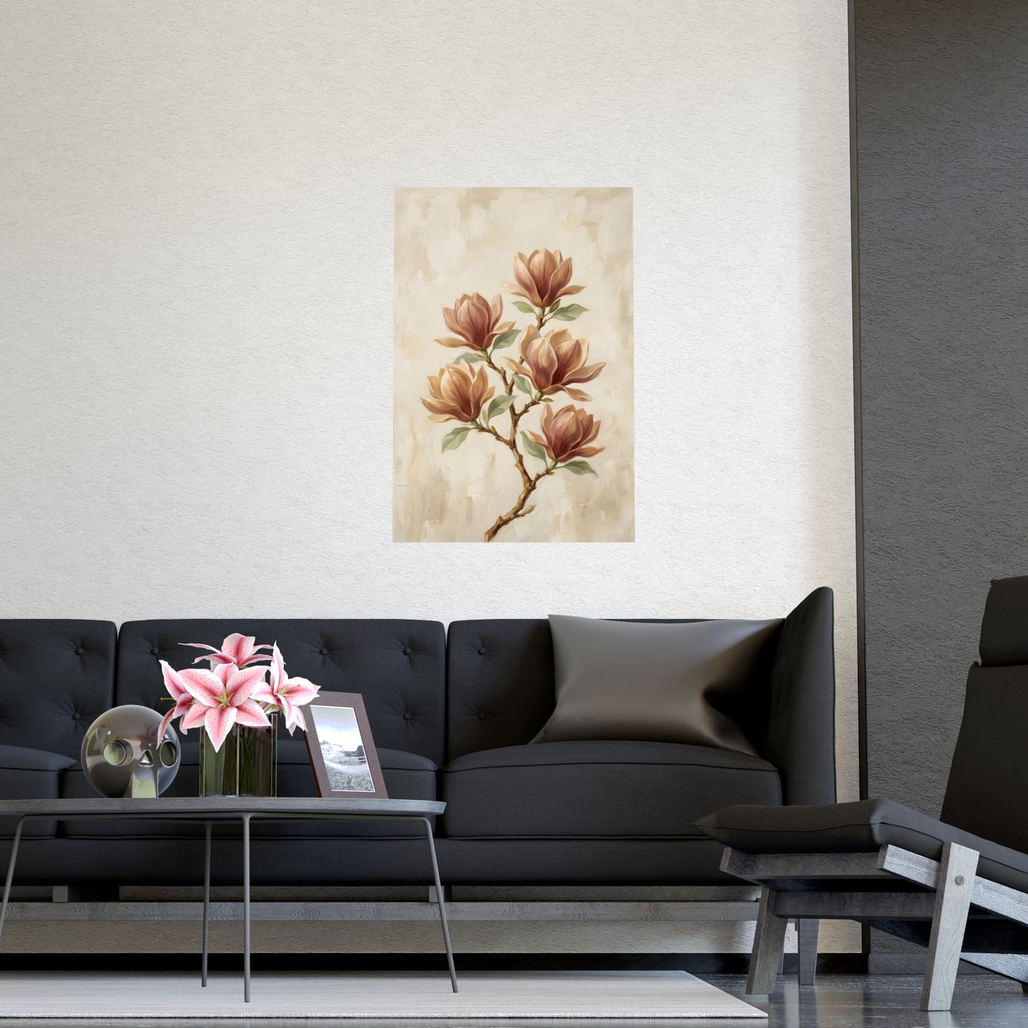 Gemini 05 hung above a sofa with a side table and lilies, 16x24 in print