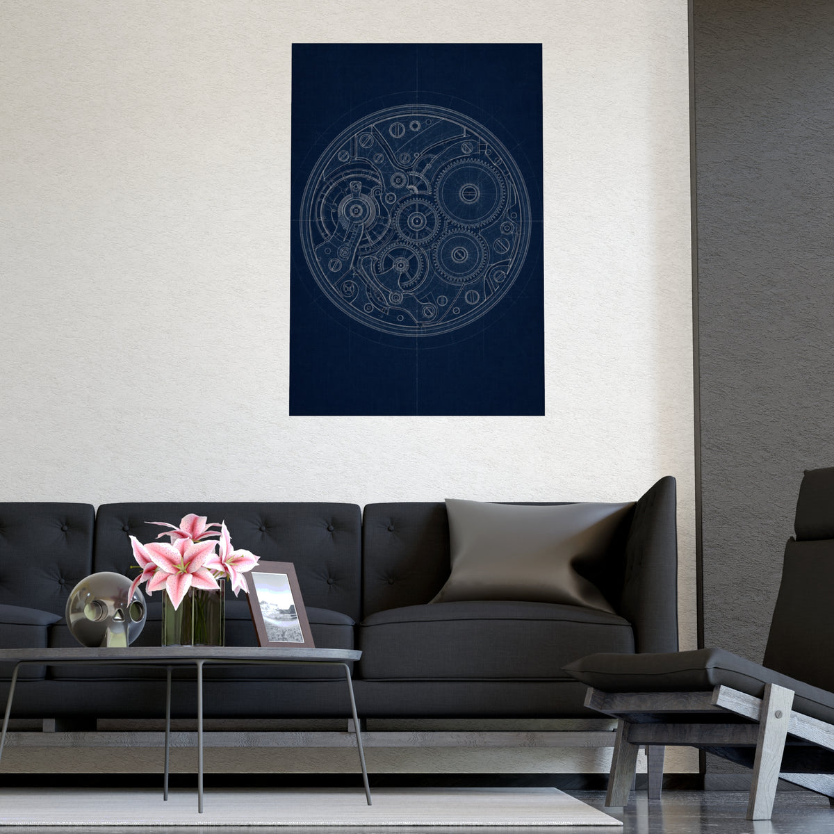 Watch Movement — watch movement, shown framed on a wall