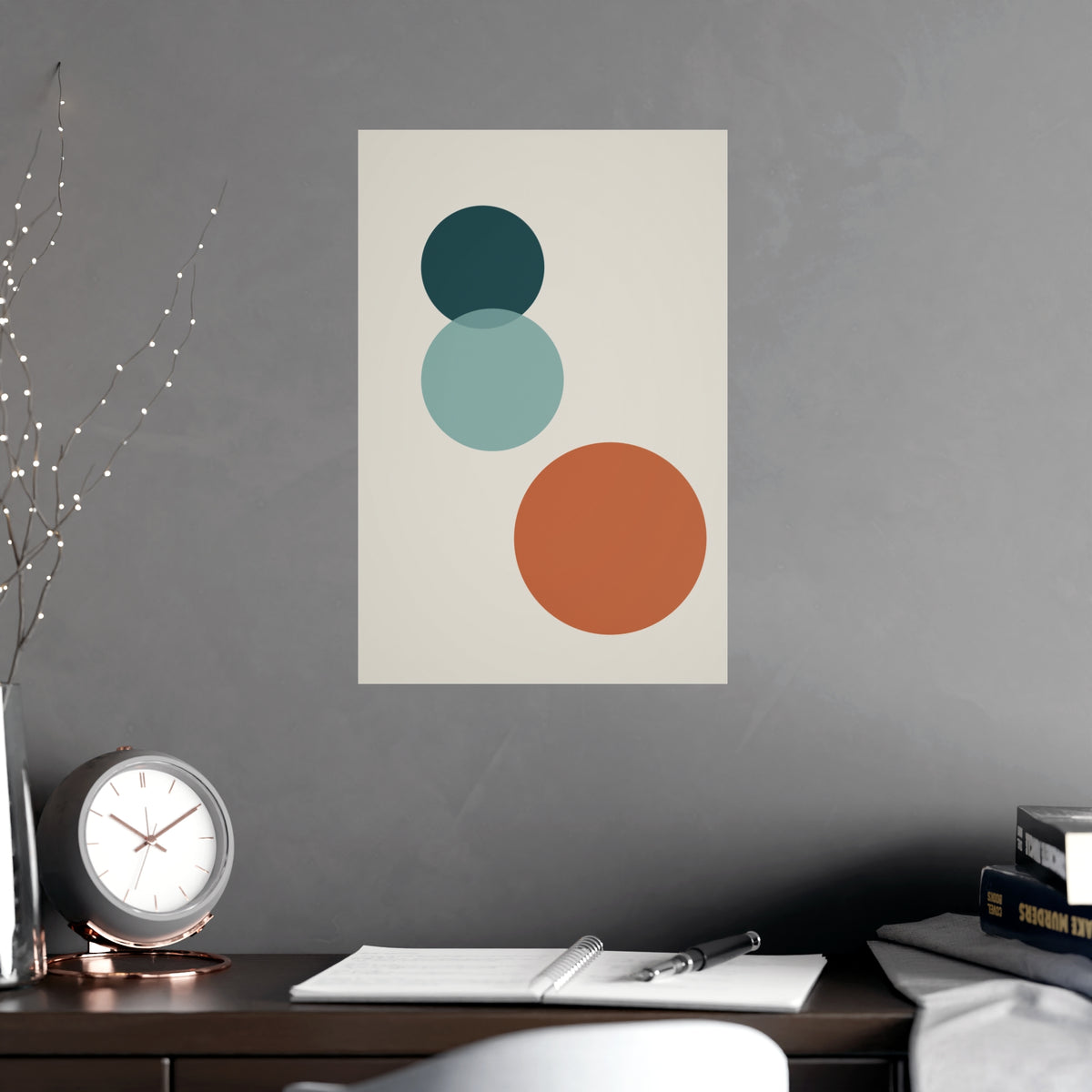 Deep Teal Circles Modern Wall Art — circles in a deep teal palette, shown framed on a wall