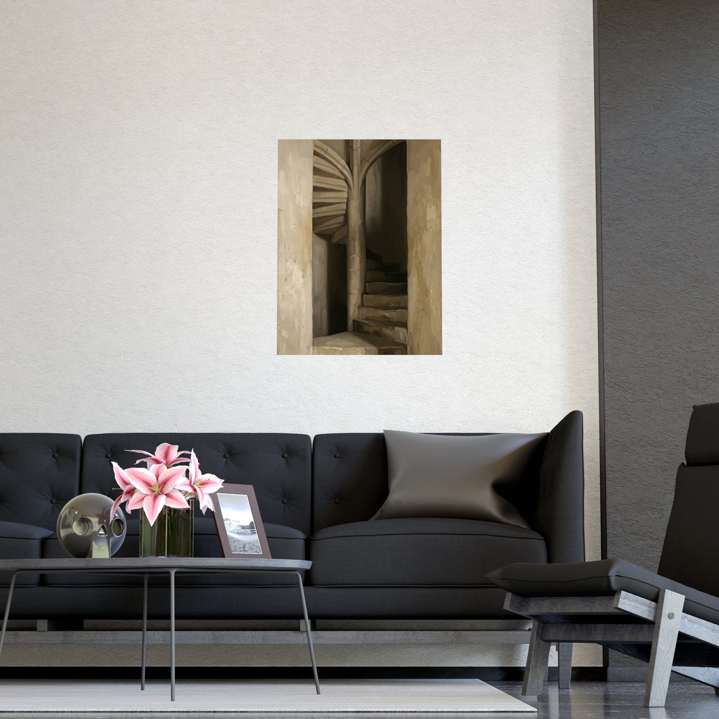 Stone Stair framed on a cream wall in a living room, 20x30 in print