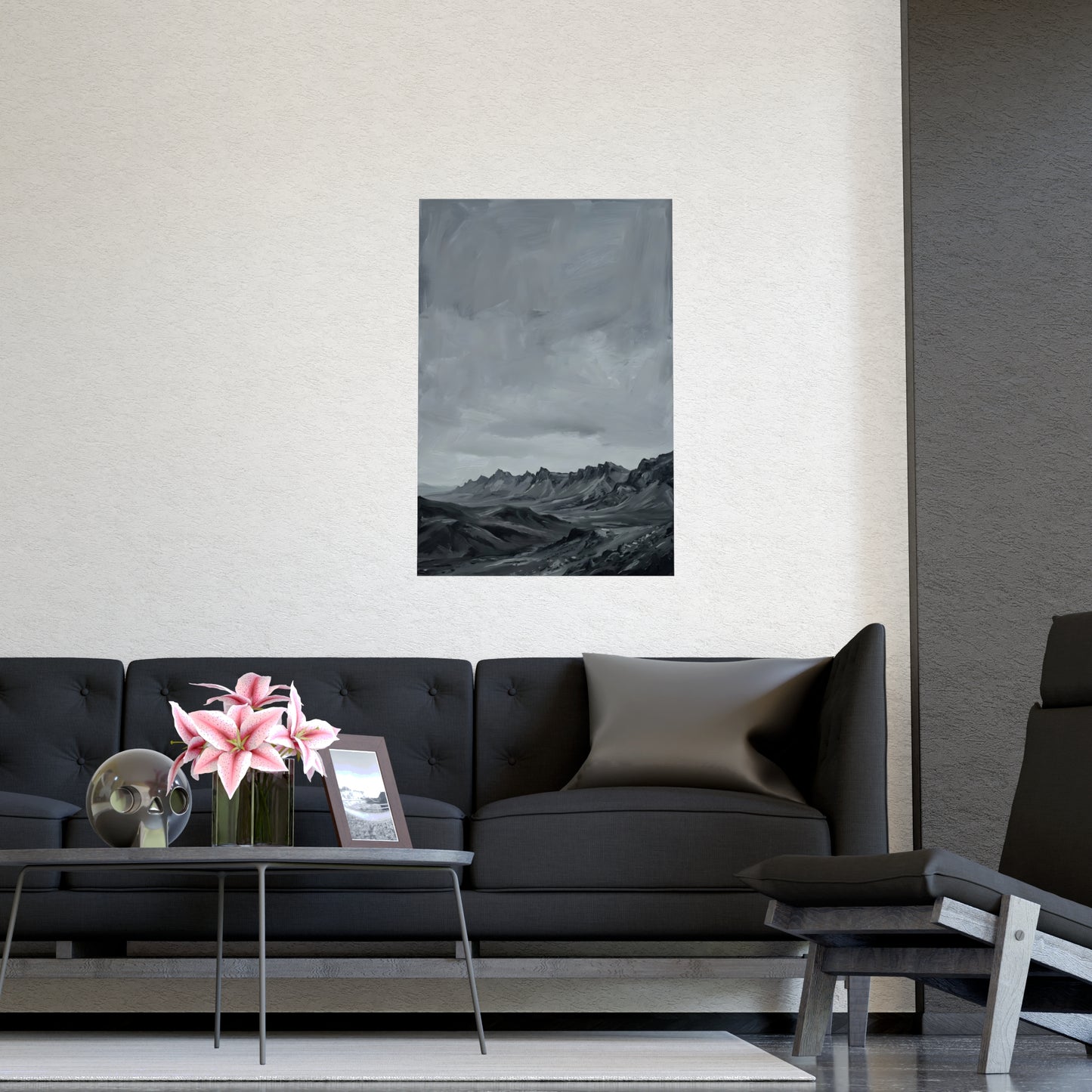 Distant Ridge hung on a grey wall above a dark sofa, 16x24 in print