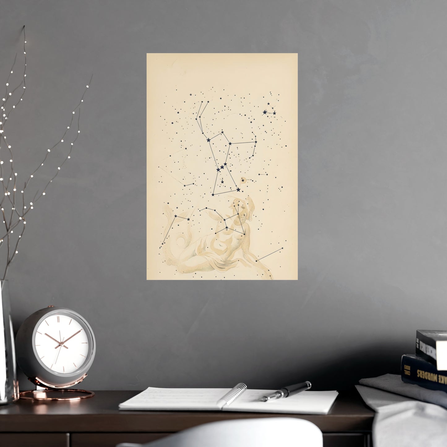 Constellation hung above a desk with a clock and notebook, 12x18 in print