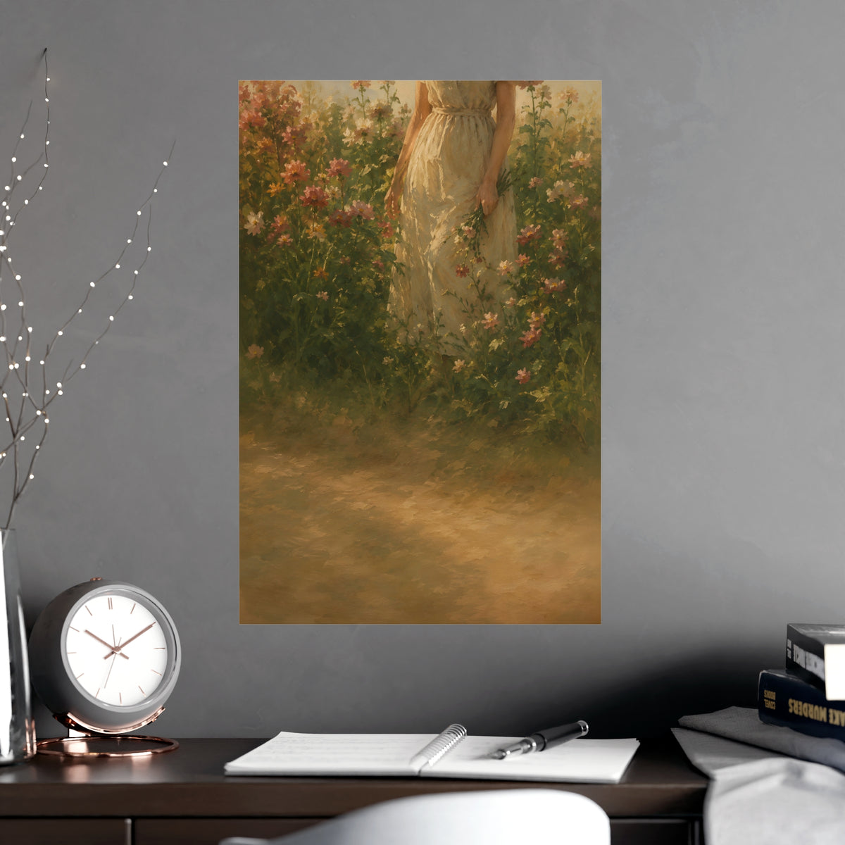 In the Tall Flowers — a woman in a linen dress standing among tall summer flowers, the top of the frame cutting her off at th