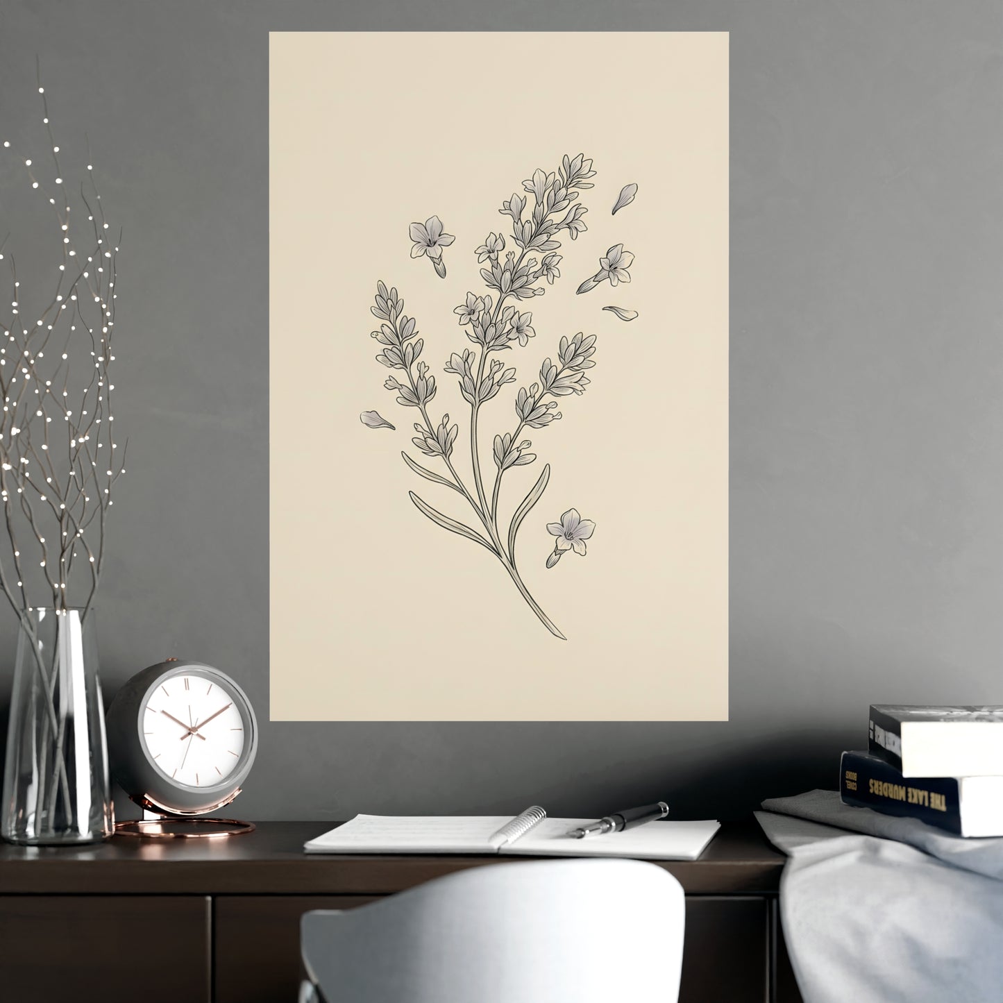 Lavender Sprig hung above a sofa with a side table and lilies, 20x30 in print