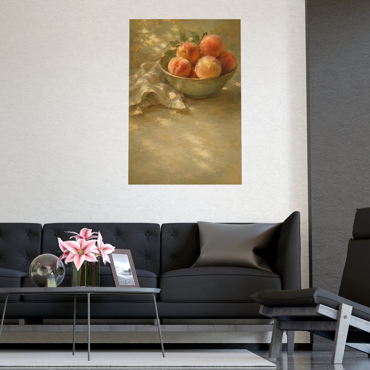 Bowl of Peaches — a bowl of ripe peaches and a folded linen napkin on a sunlit table, shown framed on a wall