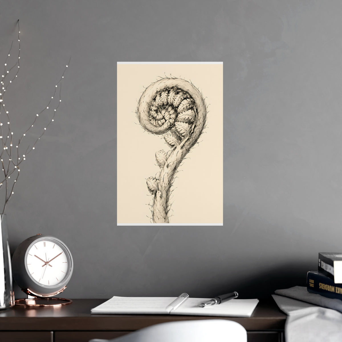 Fern, Still Curled — fern, still curled, shown framed on a wall