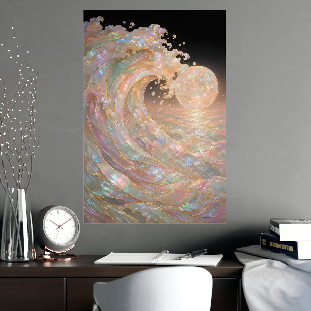 Wave and Moon — wave and moon, shown framed on a wall