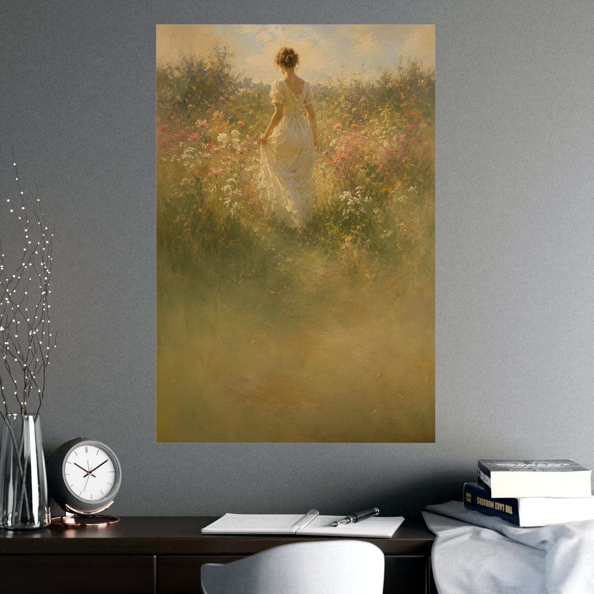 Meadow Walk — a woman walking through a summer meadow of wildflowers, shown framed on a wall