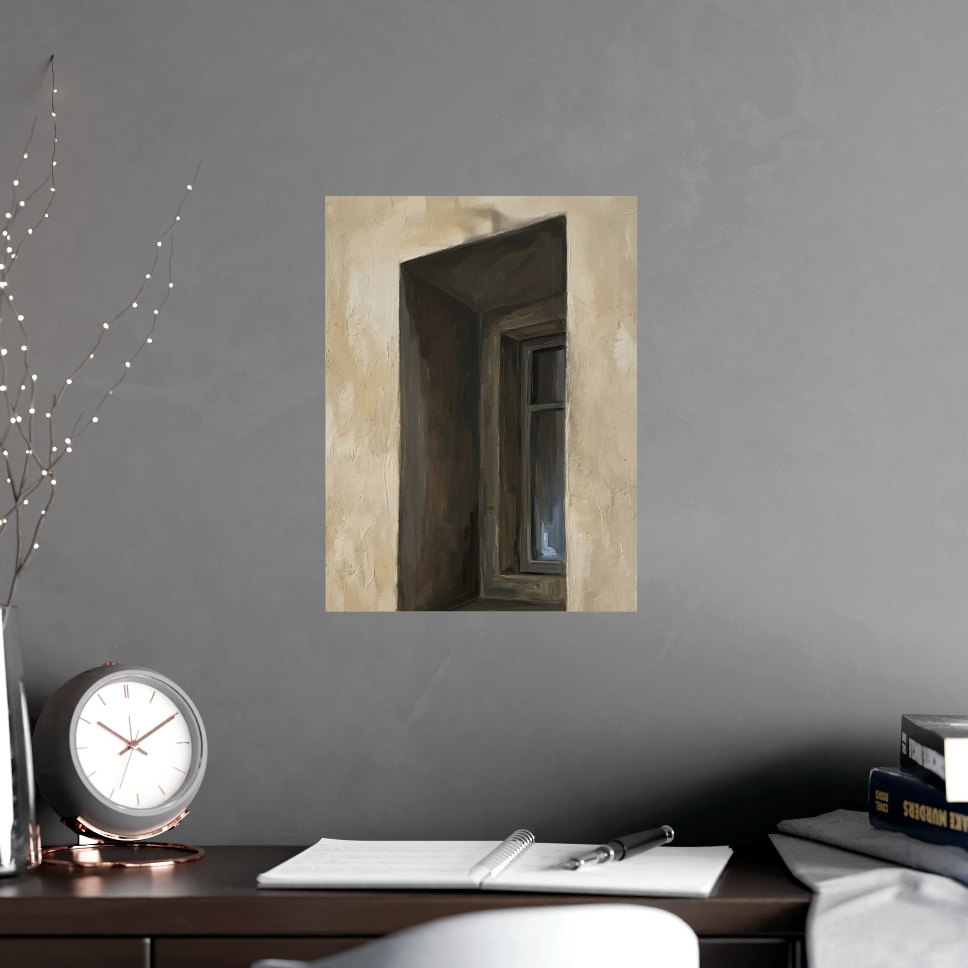 Window Recess hung above a sofa with a side table and lilies, 12x18 in print