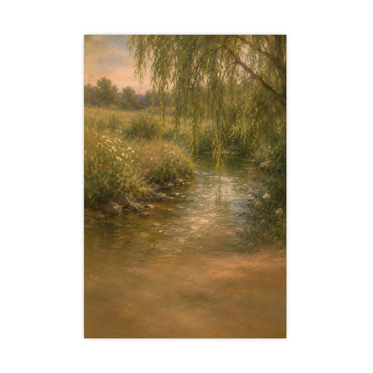 Willow Stream — a shallow stream winding through a meadow with willow branches trailing over the water, 16x24 in print