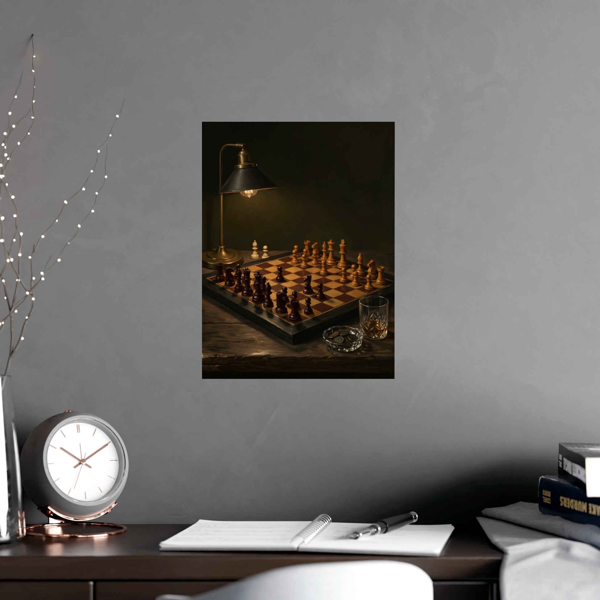The Game, Unfinished on a living room wall beside a tall vase, 12x18 in print