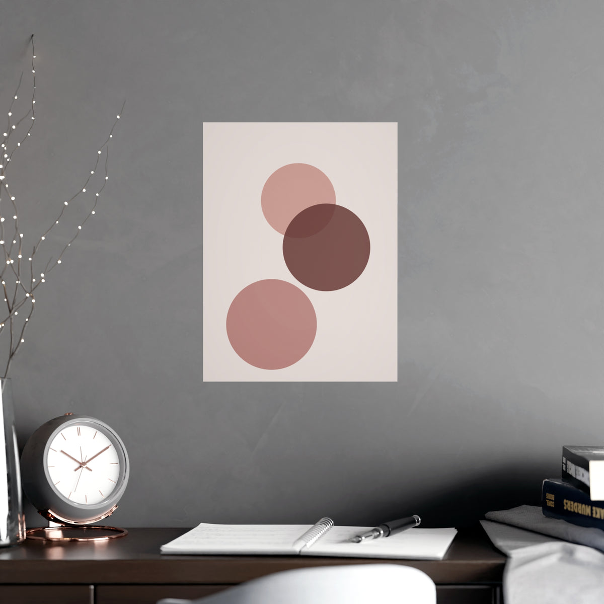 Dusty Rose Circles Modern Wall Art — circles in a dusty rose palette, shown framed on a wall