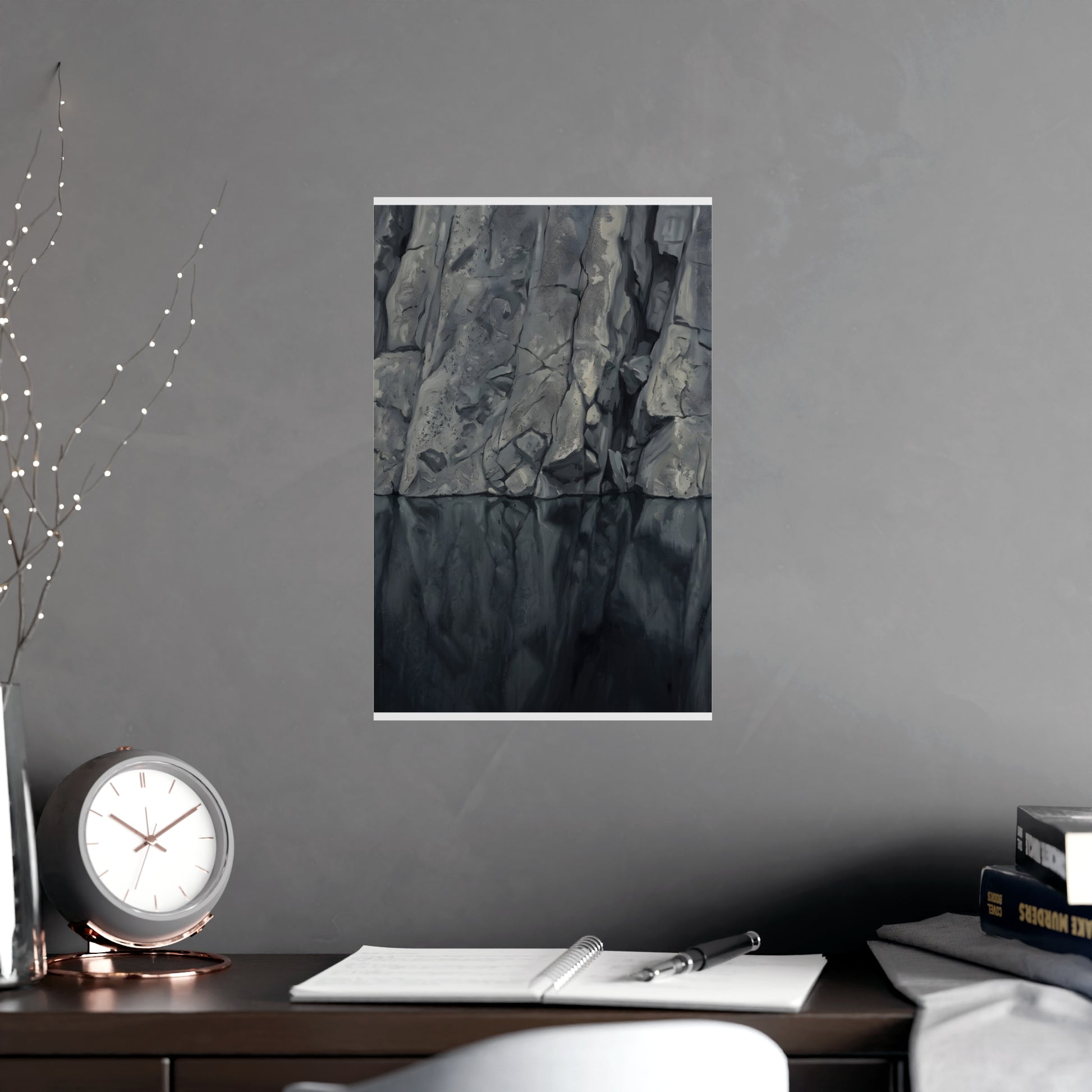 Still Water hung on a grey wall above a dark sofa, 11x17 in print