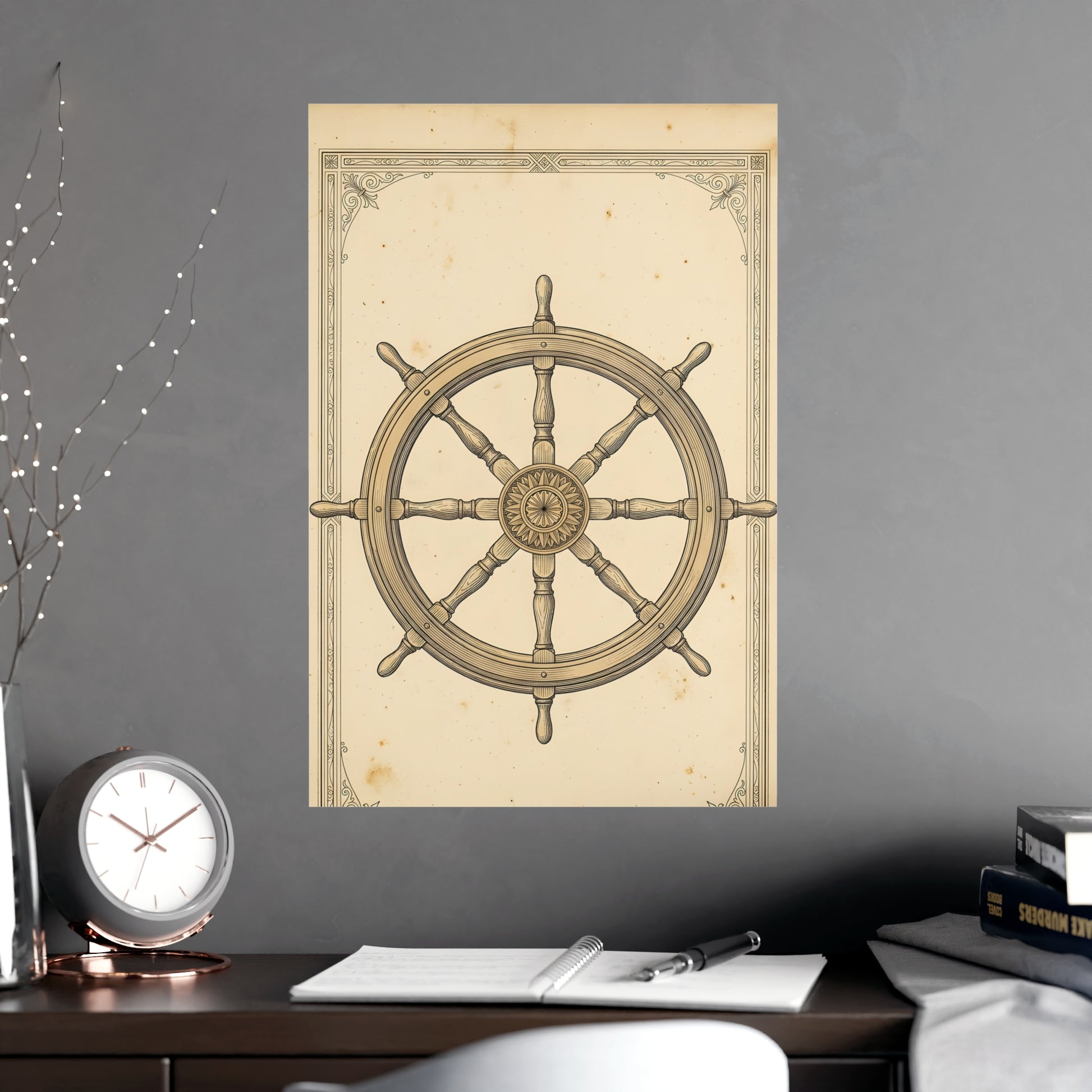 Ship's Wheel framed on a cream wall in a living room, 18x24 in print