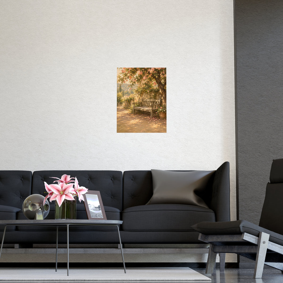 Bench Under Blossom — a weathered wooden bench under a flowering tree in a quiet garden, shown framed on a wall
