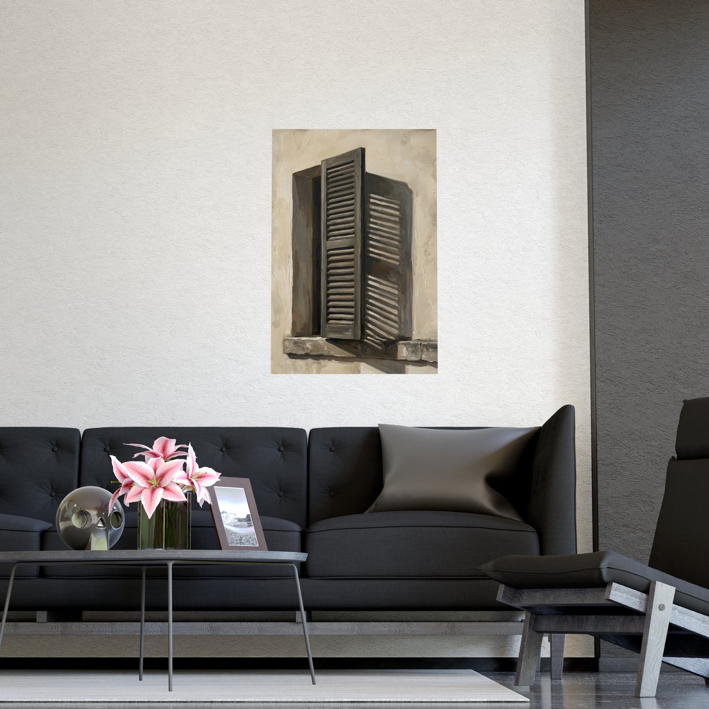 Shutters, Half Closed hung above a sofa with a side table and lilies, 16x24 in print