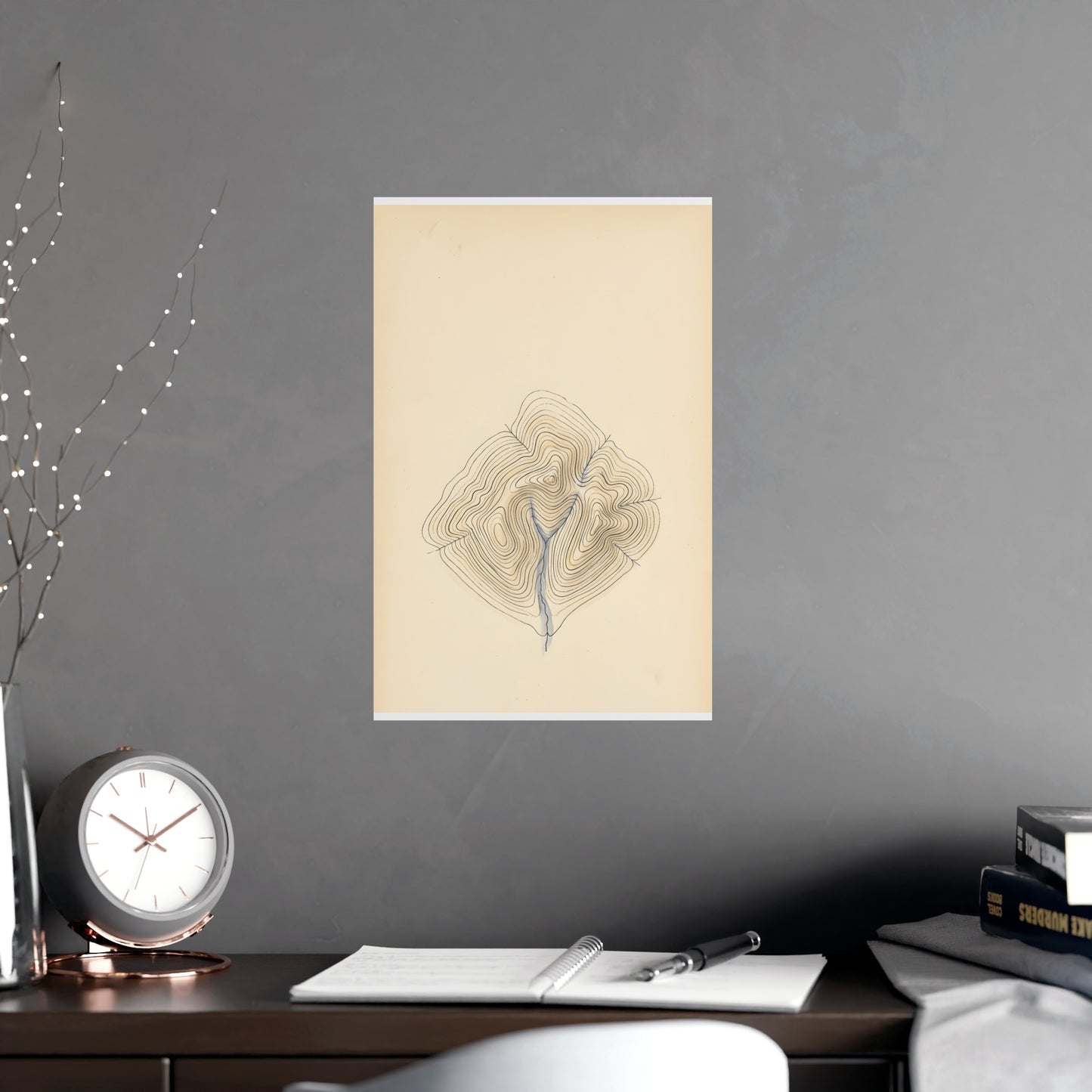 Contour Lines framed on a cream wall in a living room, 11x17 in print