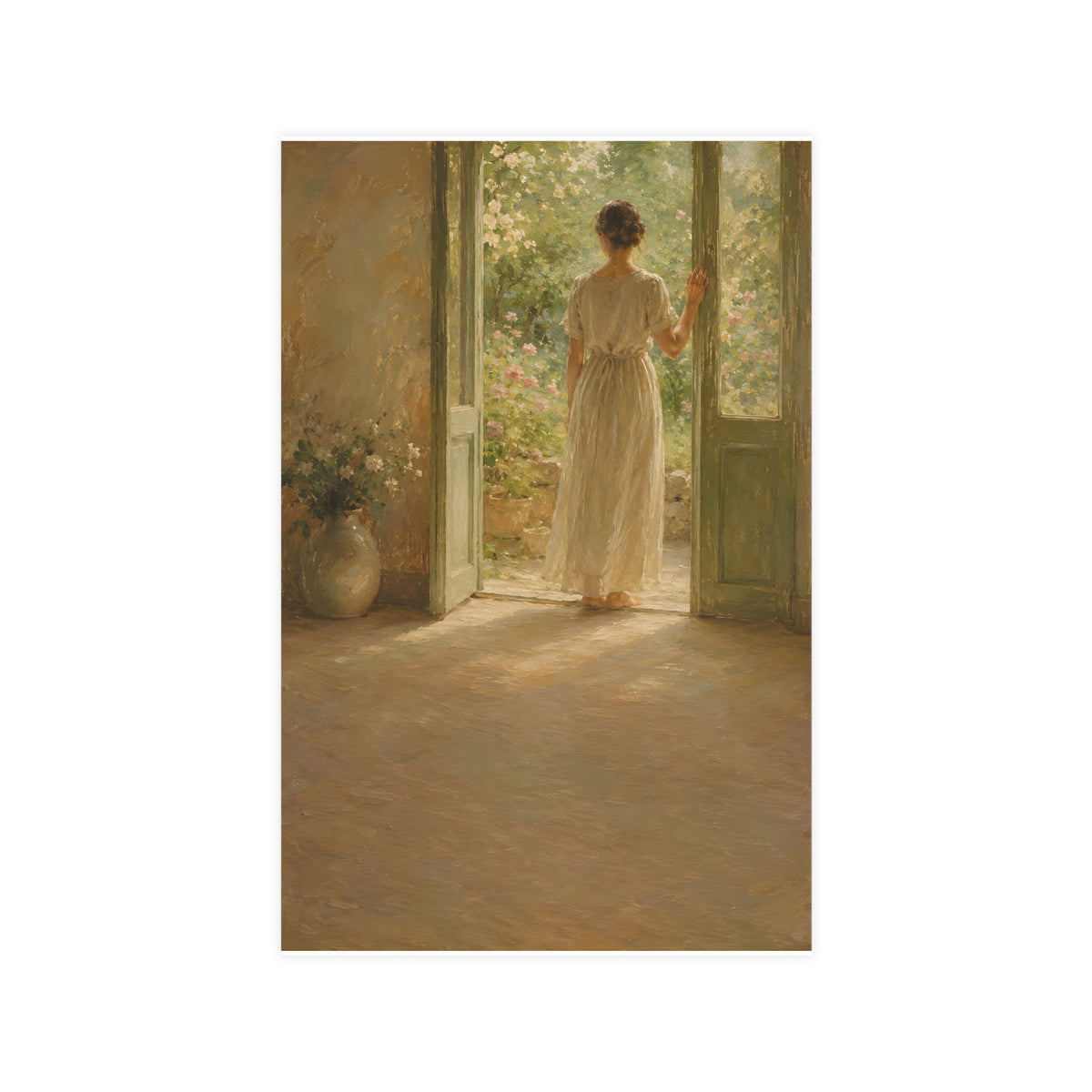 Doorway to the Garden — a woman in a linen dress standing in an open doorway looking out to a summer garden, 11x17 in print