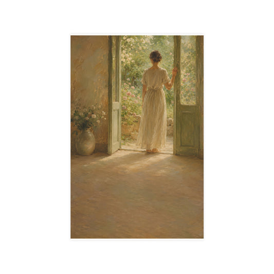 Doorway to the Garden — a woman in a linen dress standing in an open doorway looking out to a summer garden, 11x17 in print