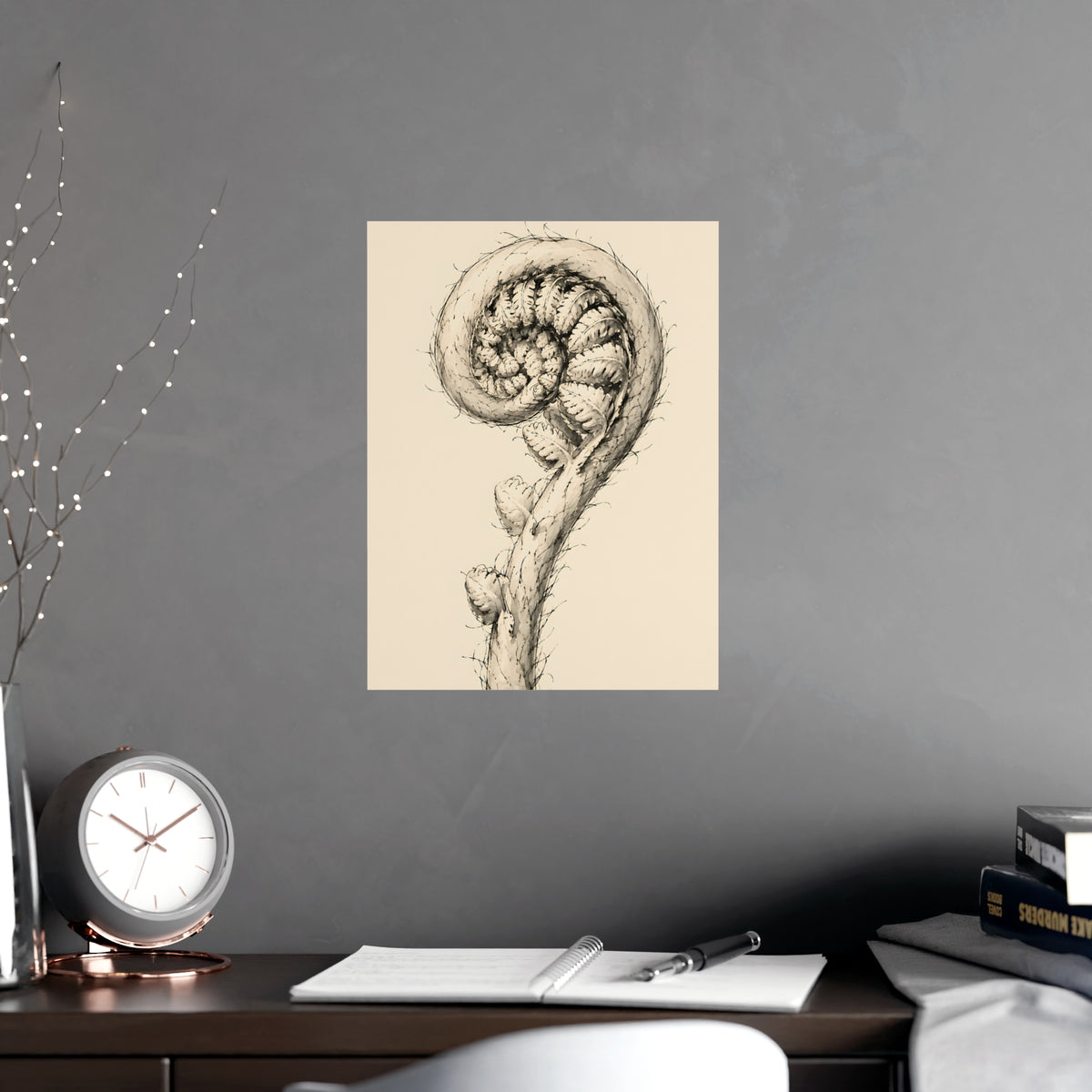 Fern, Still Curled — fern, still curled, shown framed on a wall