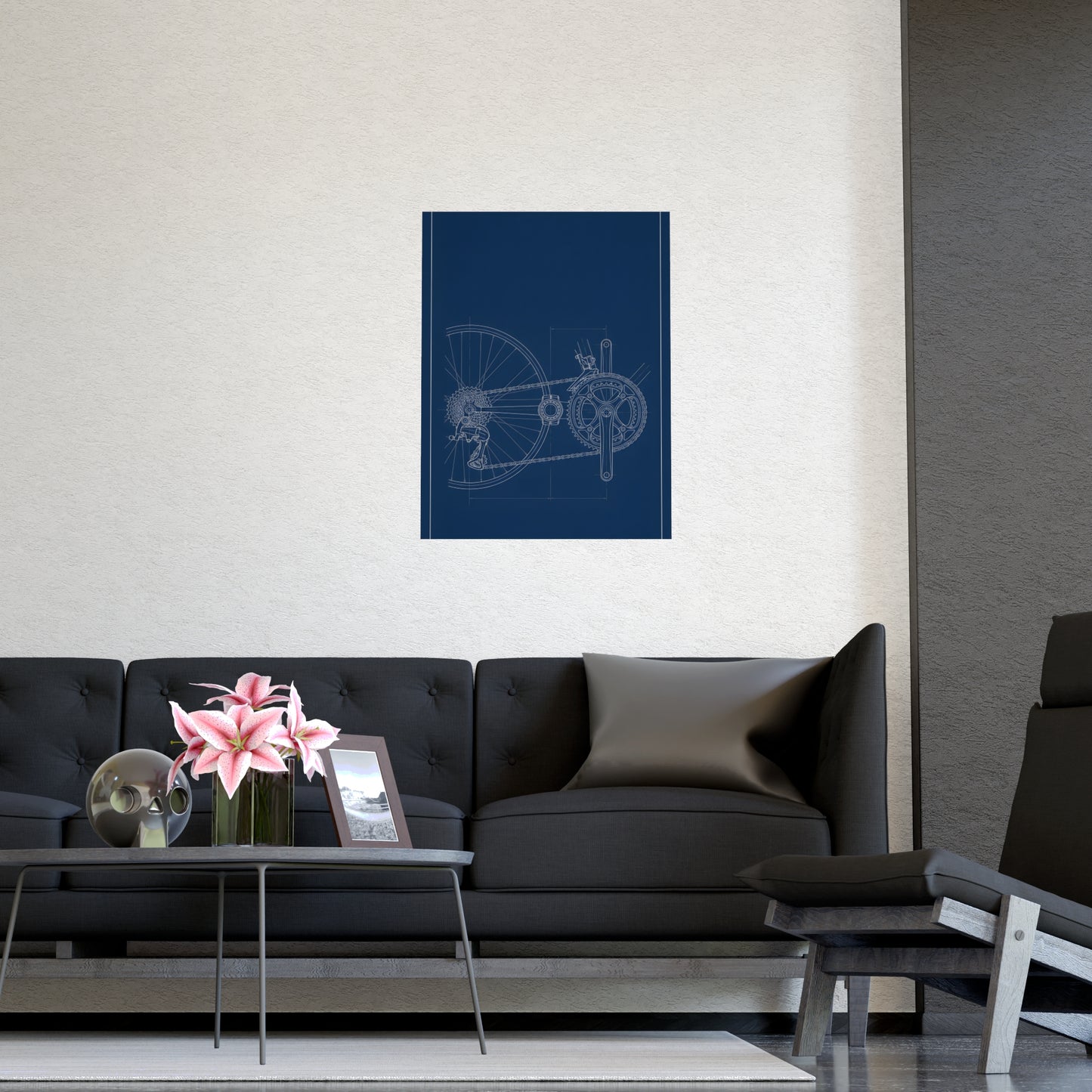Drivetrain on a living room wall beside a tall vase, 11x17 in print