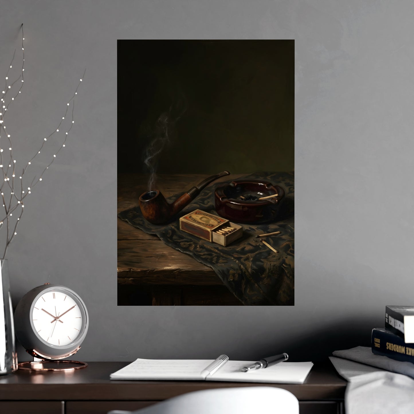 Pipe and Matches hung on a grey wall above a dark sofa, 18x24 in print