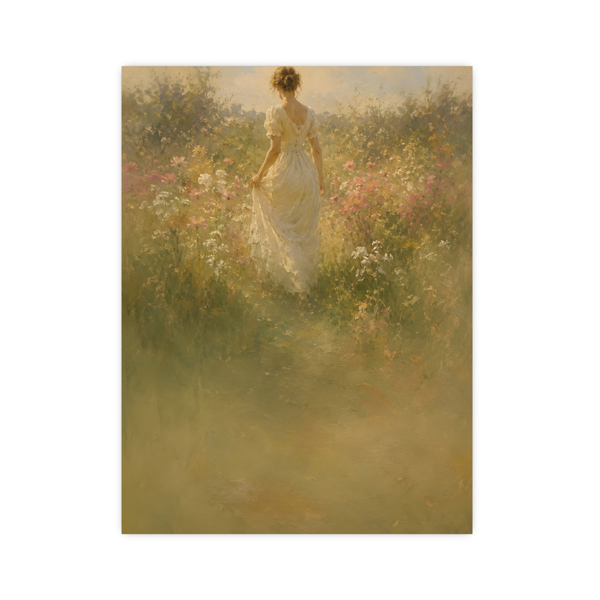 Meadow Walk — a woman walking through a summer meadow of wildflowers, 12x16 in print