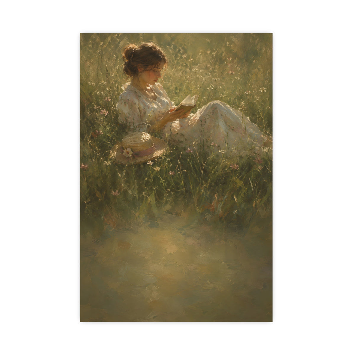 Reading in Tall Grass — a woman reading in tall summer grass, straw hat beside her, 16x24 in print