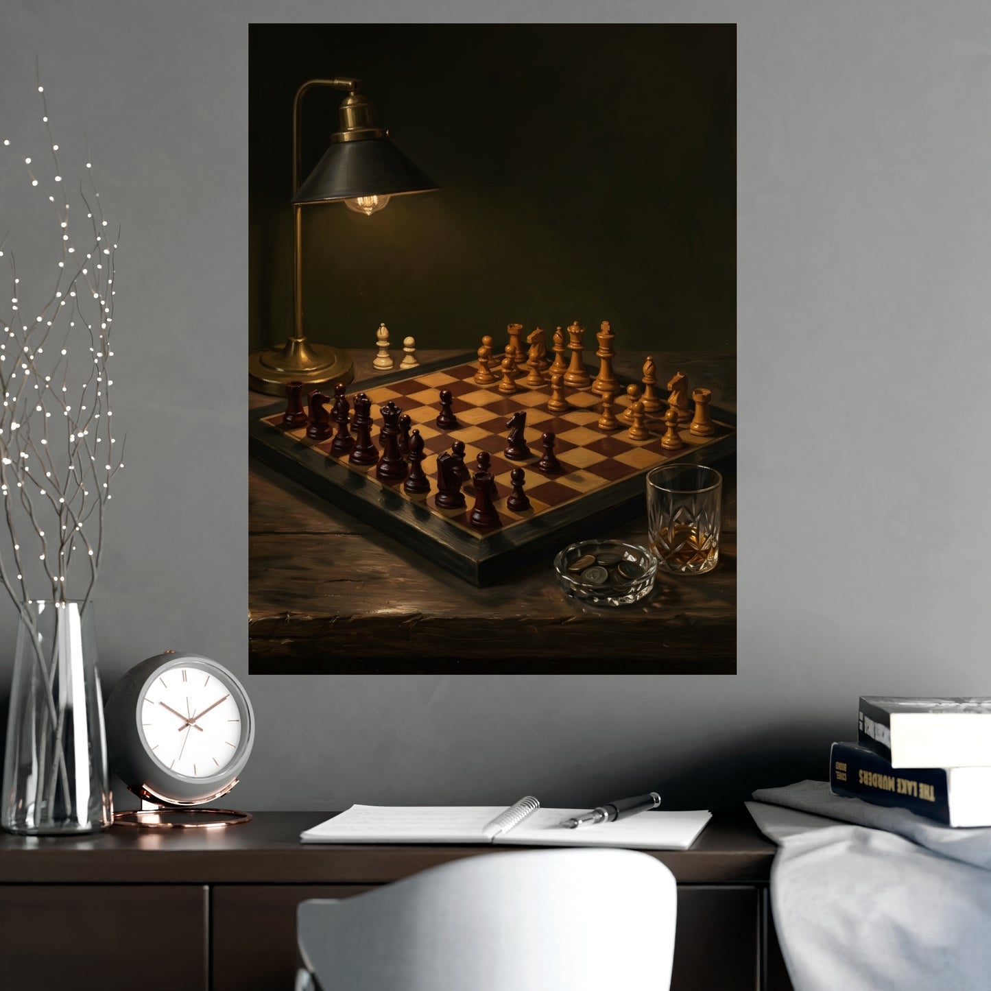 The Game, Unfinished hung on a grey wall above a dark sofa, 18x24 in print