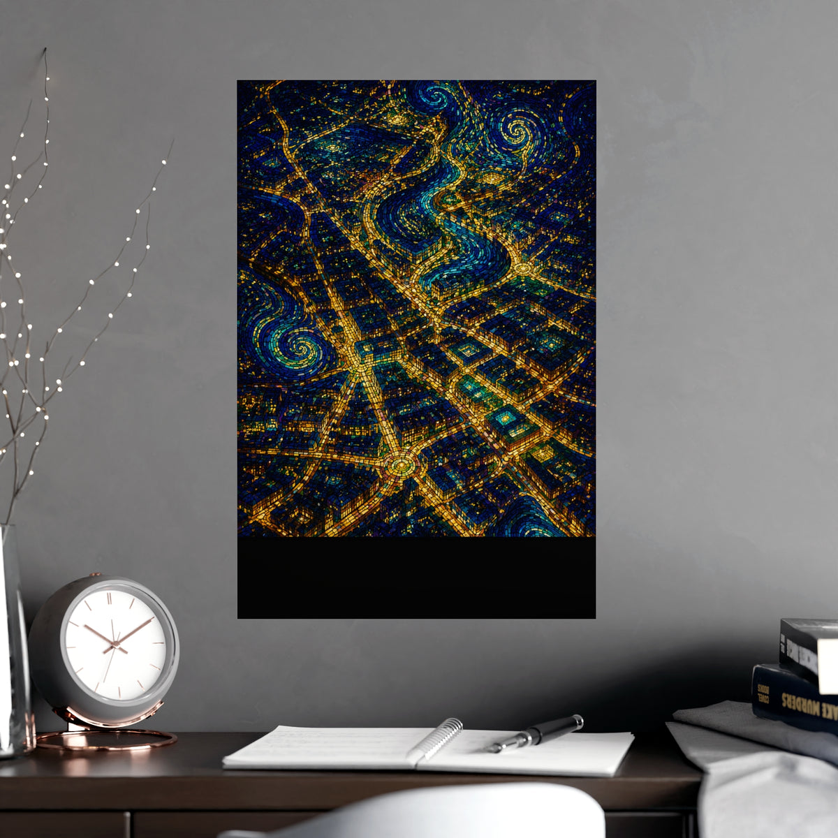 City from Above — city from above, shown framed on a wall