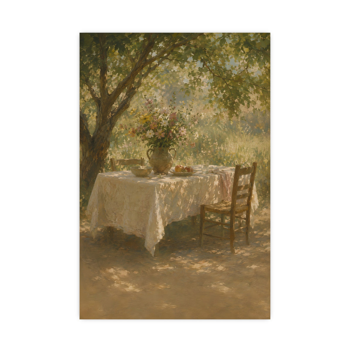 Table Under the Tree — a table under a tree with a linen cloth and a jug of wildflowers, 20x30 in print