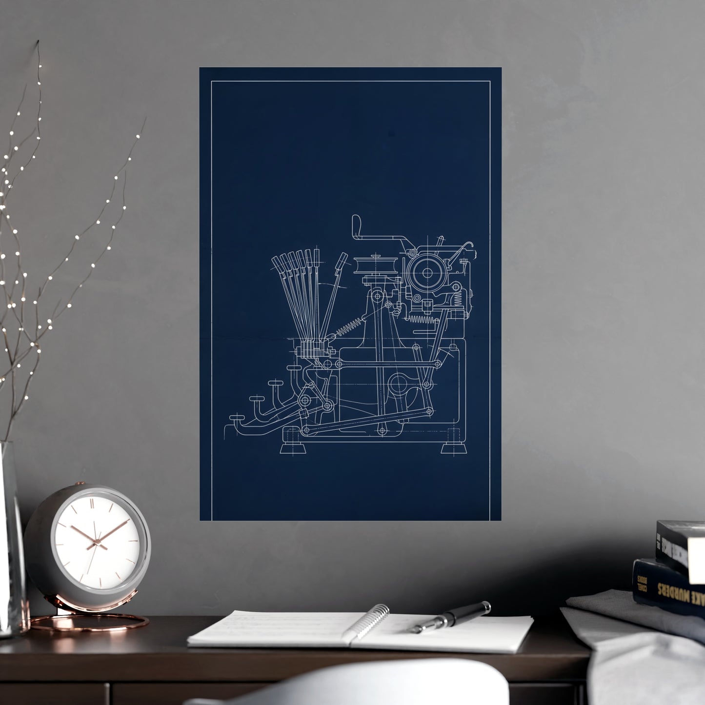 Typewriter Linkage on a living room wall beside a tall vase, 18x24 in print