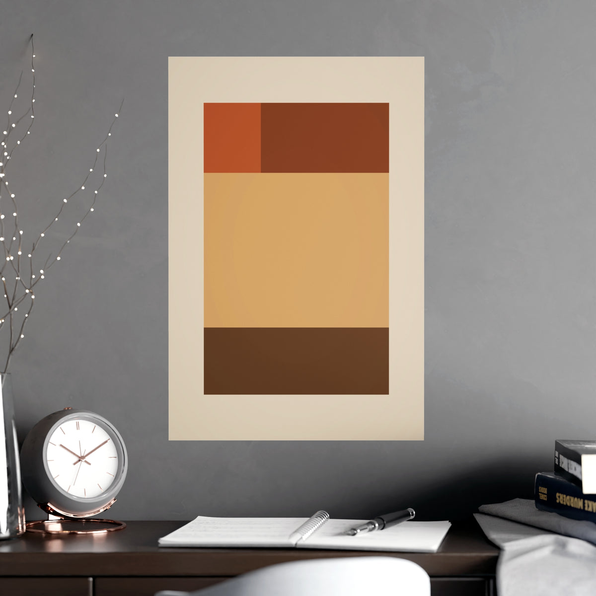 Muted 70s Blocks Retro Wall Art — blocks in a muted 70s palette, shown framed on a wall