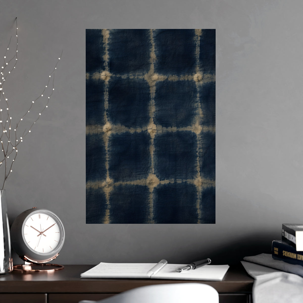 Indigo, Tied — indigo, tied, shown framed on a wall