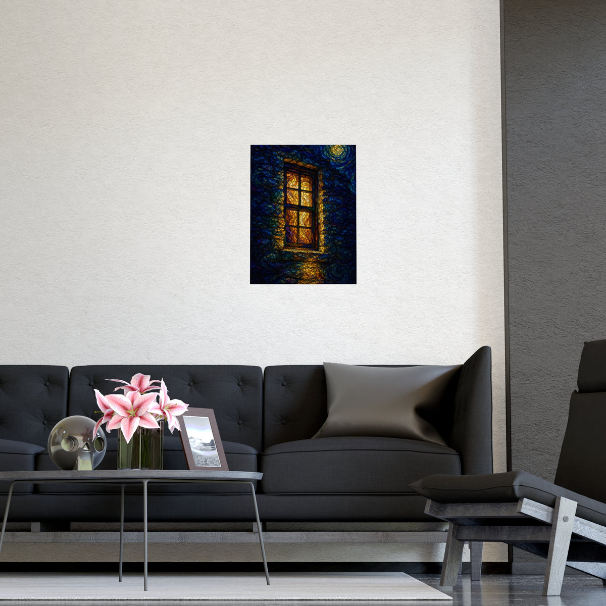 One Lit Window — one lit window, shown framed on a wall