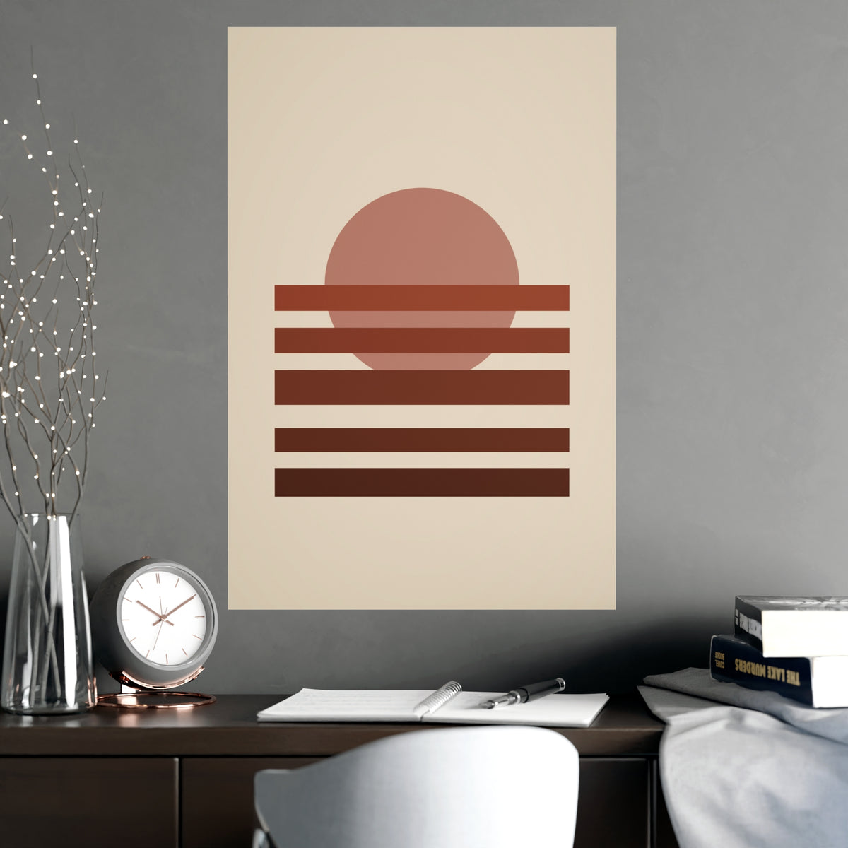 Muted 70s Sunset Landscape Wall Art — sunset landscape in a muted 70s palette, shown framed on a wall