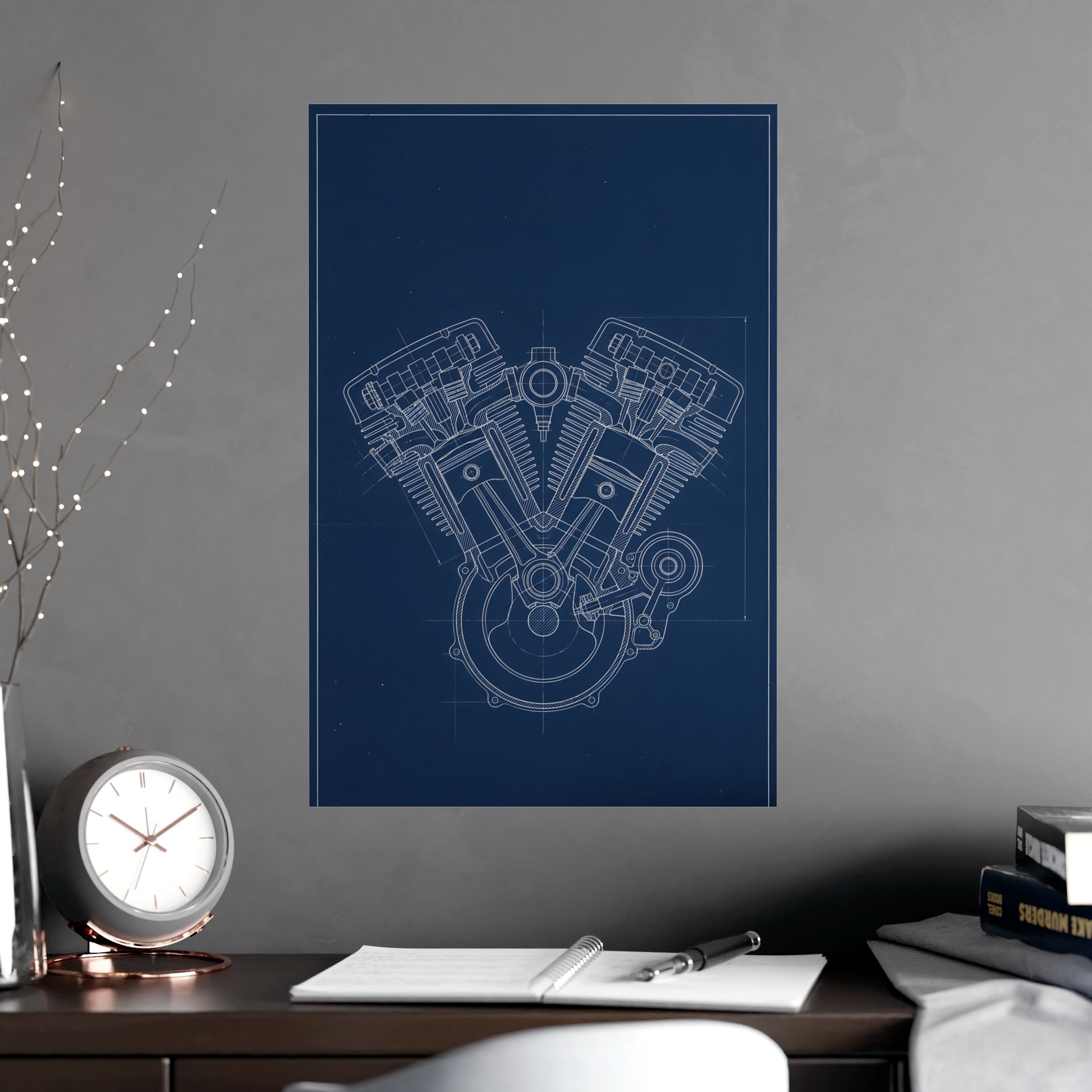 V-Twin Engine hung on a grey wall above a dark sofa, 18x24 in print