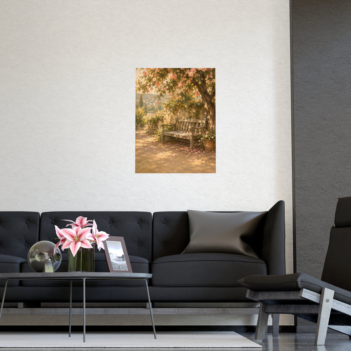 Bench Under Blossom — a weathered wooden bench under a flowering tree in a quiet garden, shown framed on a wall