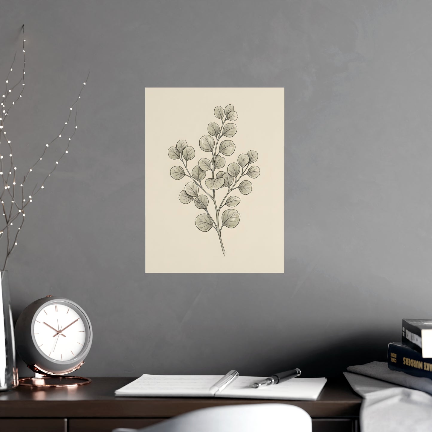 Eucalyptus hung above a sofa with a side table and lilies, 12x16 in print