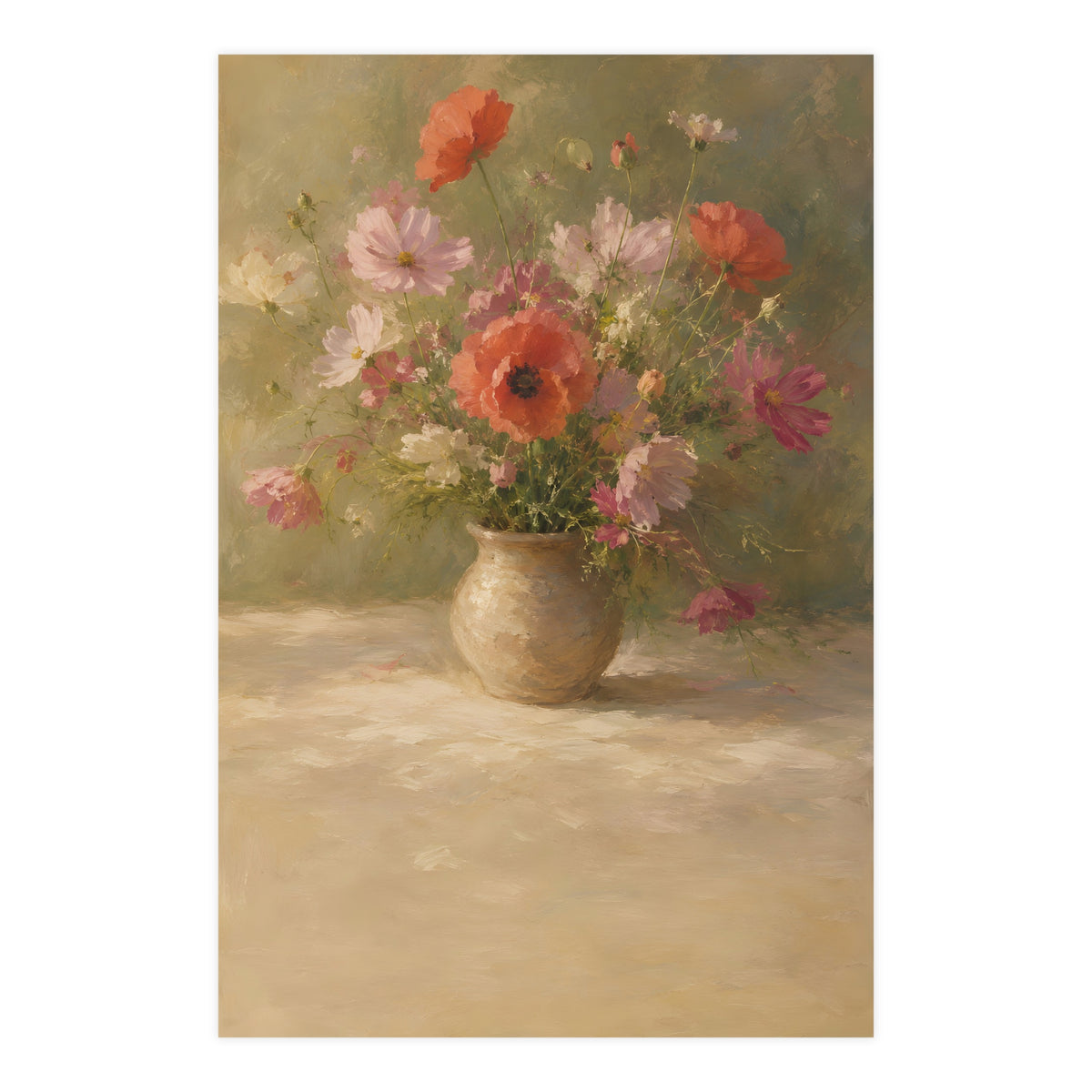 Poppy and Cosmos Bouquet — a loose bouquet of poppies and cosmos in an earthenware vase, 24x36 in print