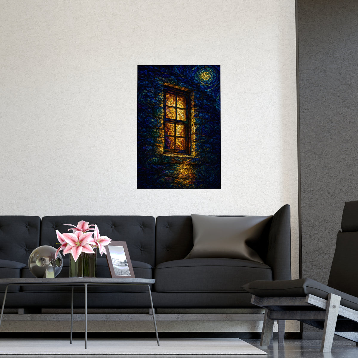One Lit Window — one lit window, shown framed on a wall