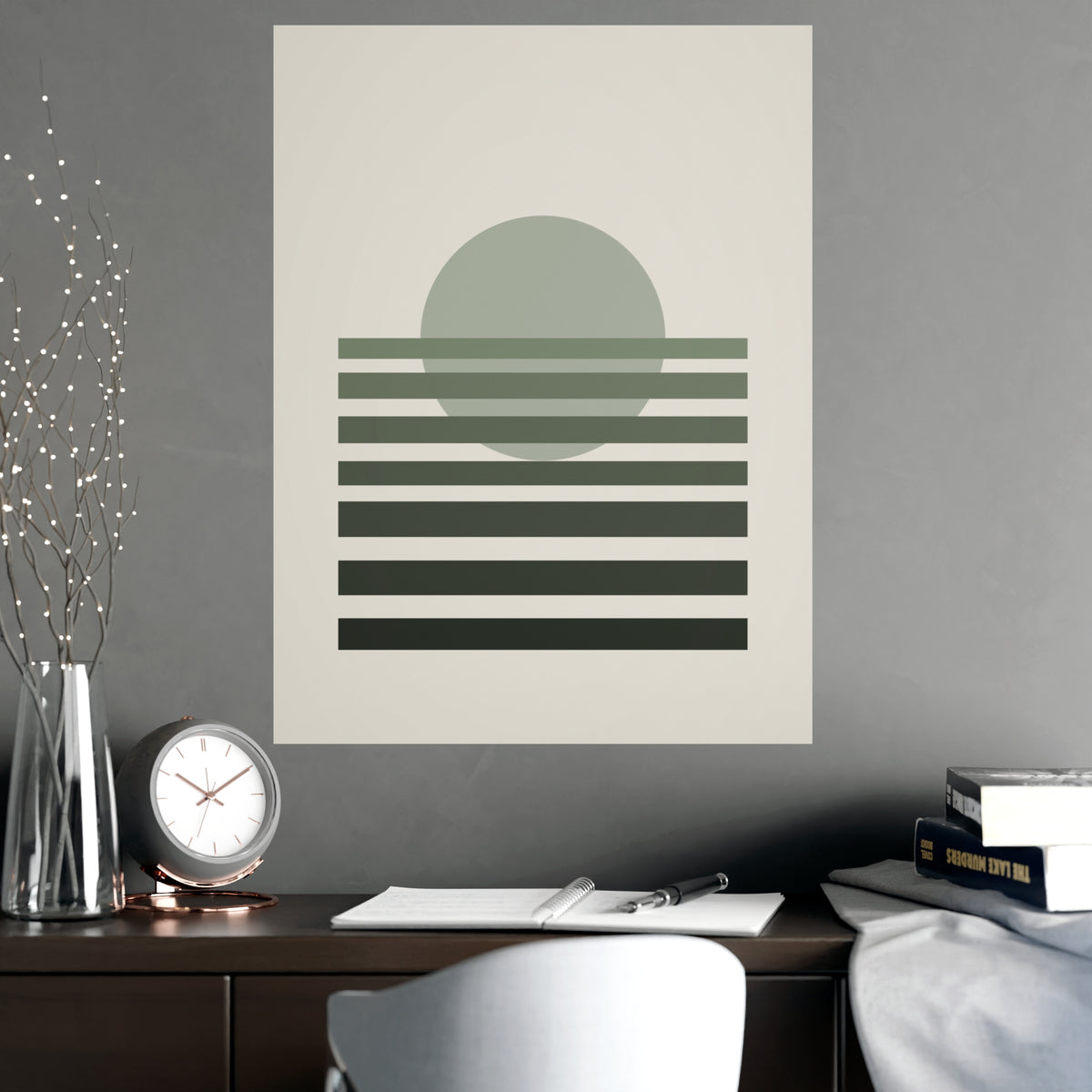 Sage Neutral Sunset Boho Wall Art — sunset in a sage neutral palette, shown framed on a wall