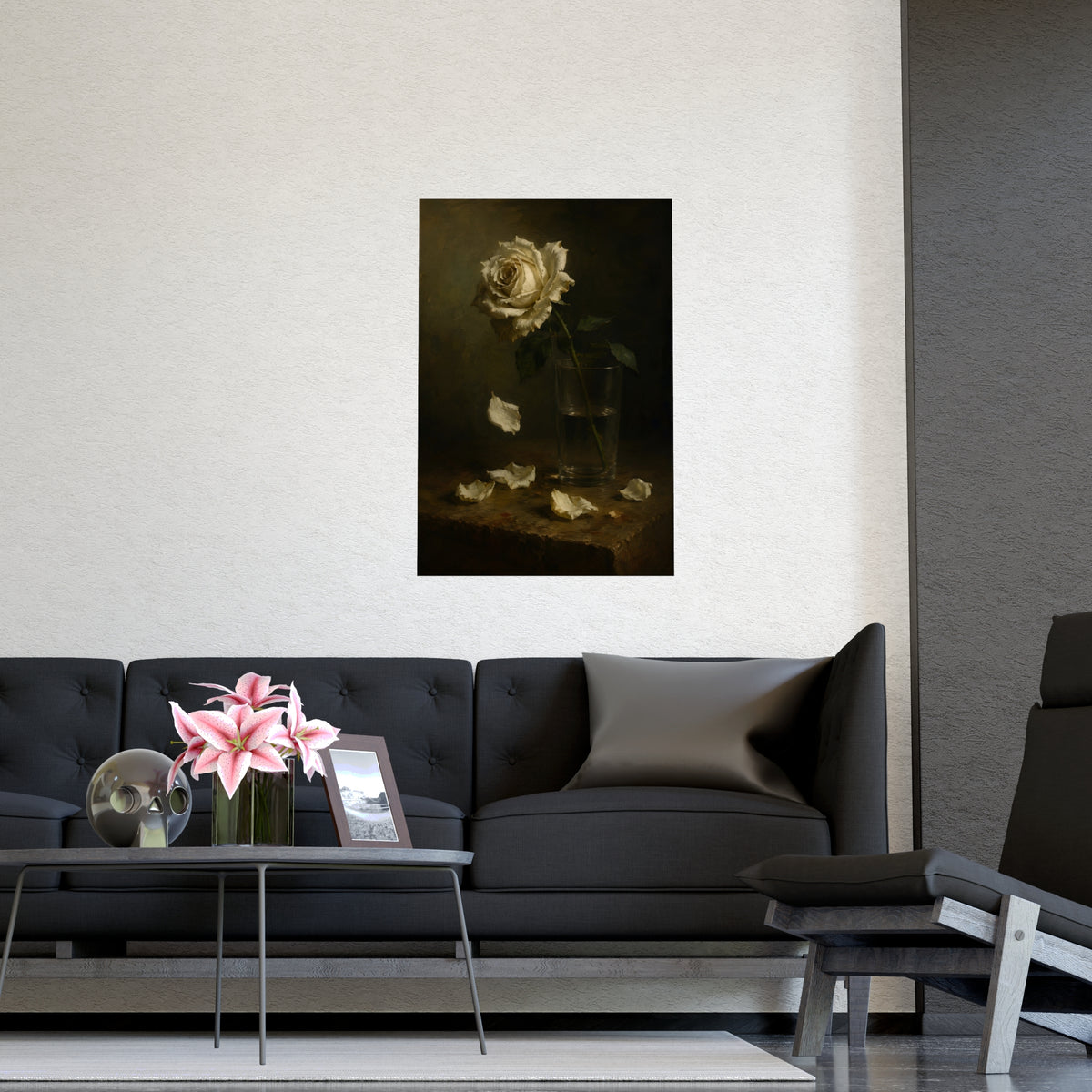White Rose, Falling — white rose, falling, shown framed on a wall