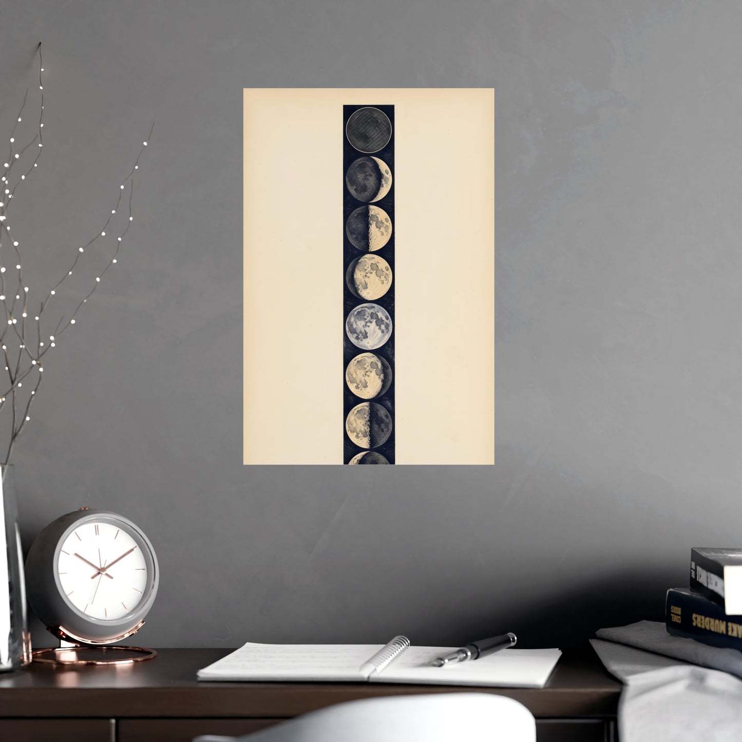 Phases of the Moon framed on a cream wall in a living room, 12x18 in print