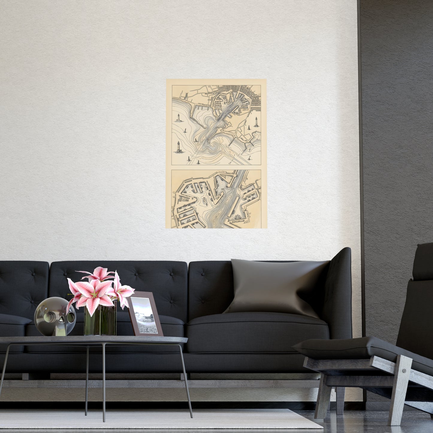 Harbour Soundings hung above a sofa with a side table and lilies, 16x24 in print