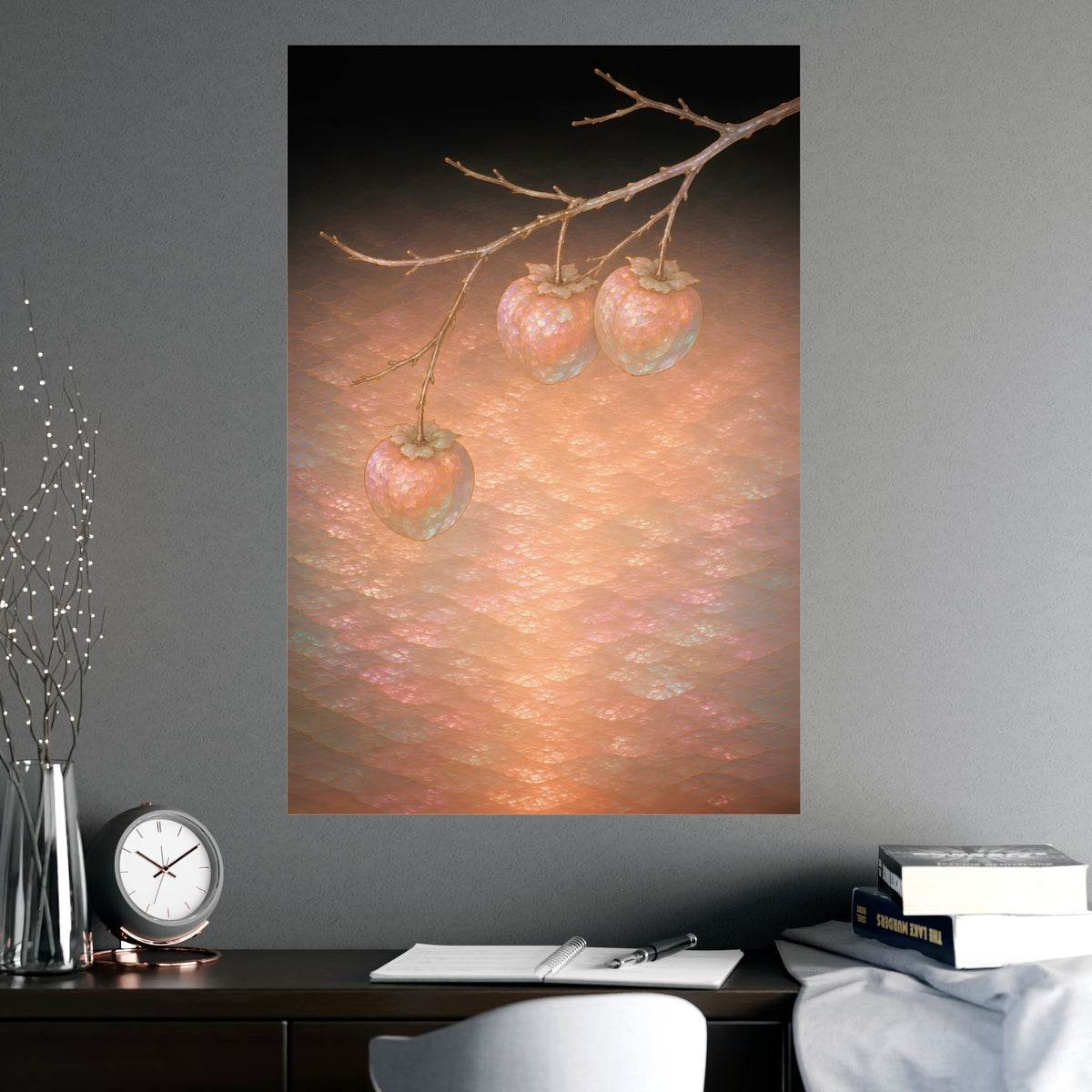 Persimmons on a Bare Branch — persimmons on a bare branch, shown framed on a wall