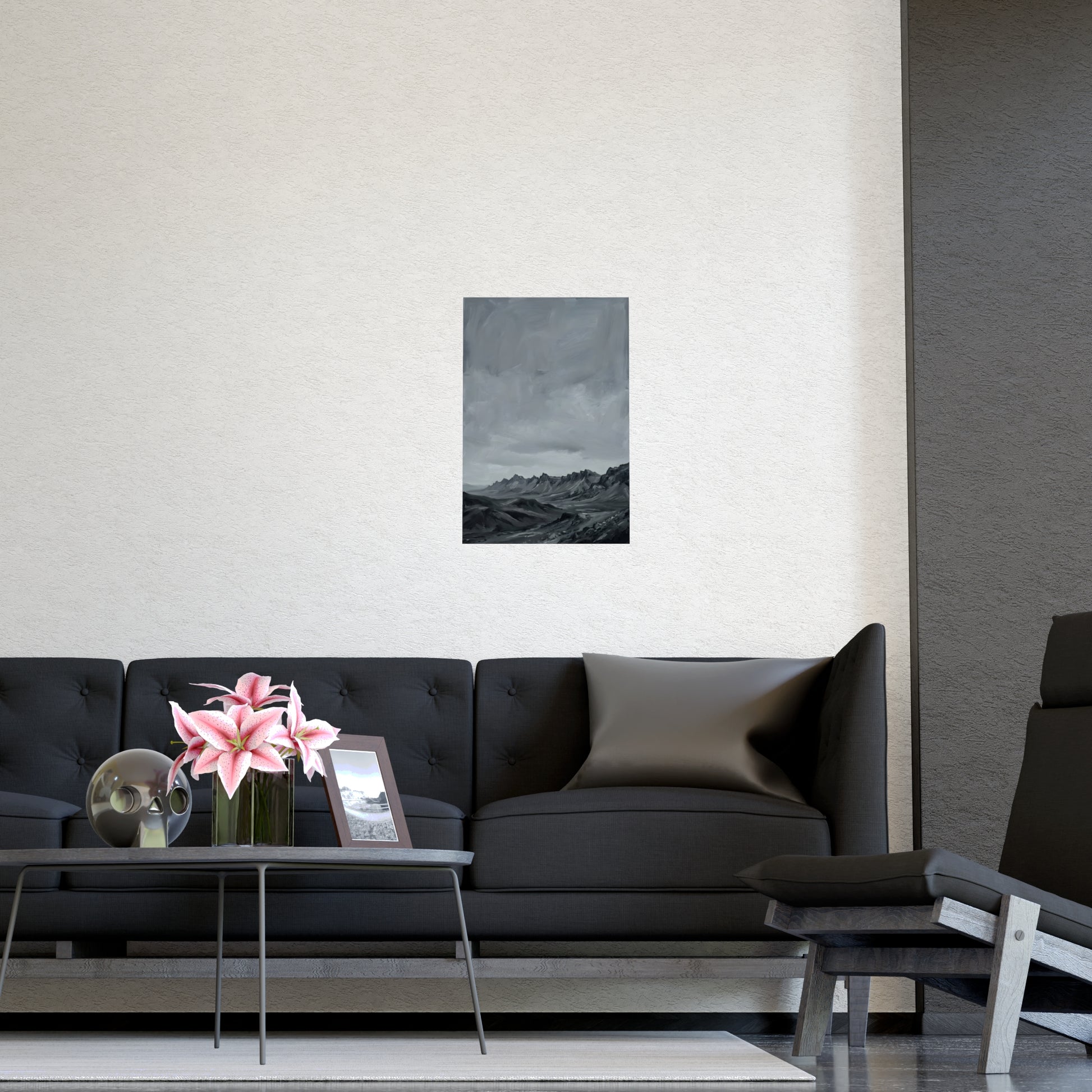 Distant Ridge framed on a cream wall in a living room, 16x24 in print