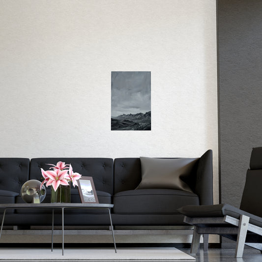 Distant Ridge framed on a cream wall in a living room, 16x24 in print