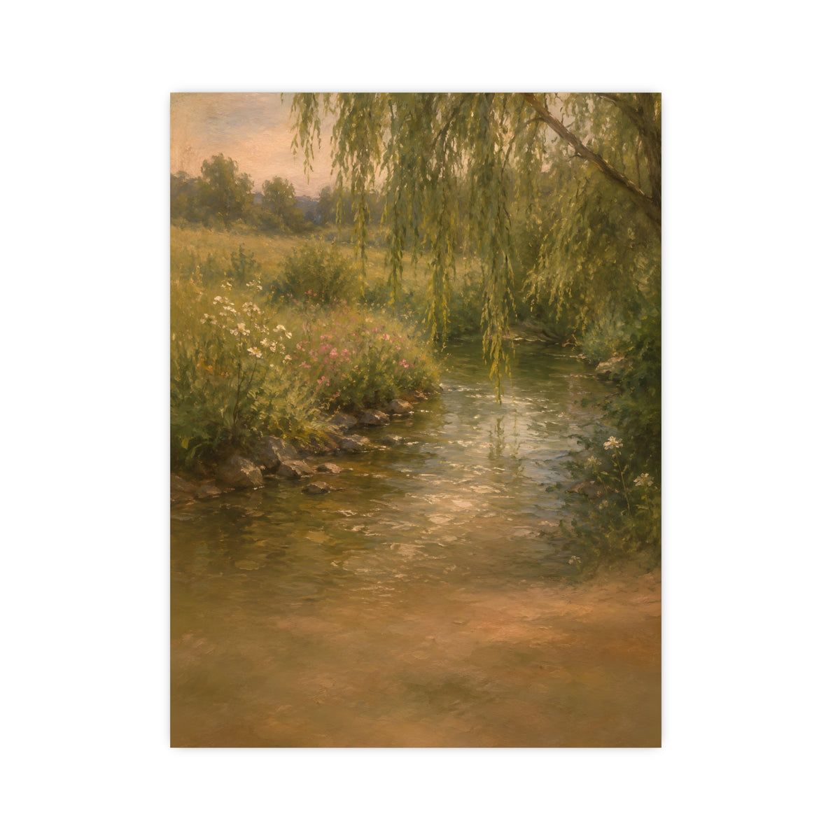 Willow Stream — a shallow stream winding through a meadow with willow branches trailing over the water, 12x16 in print
