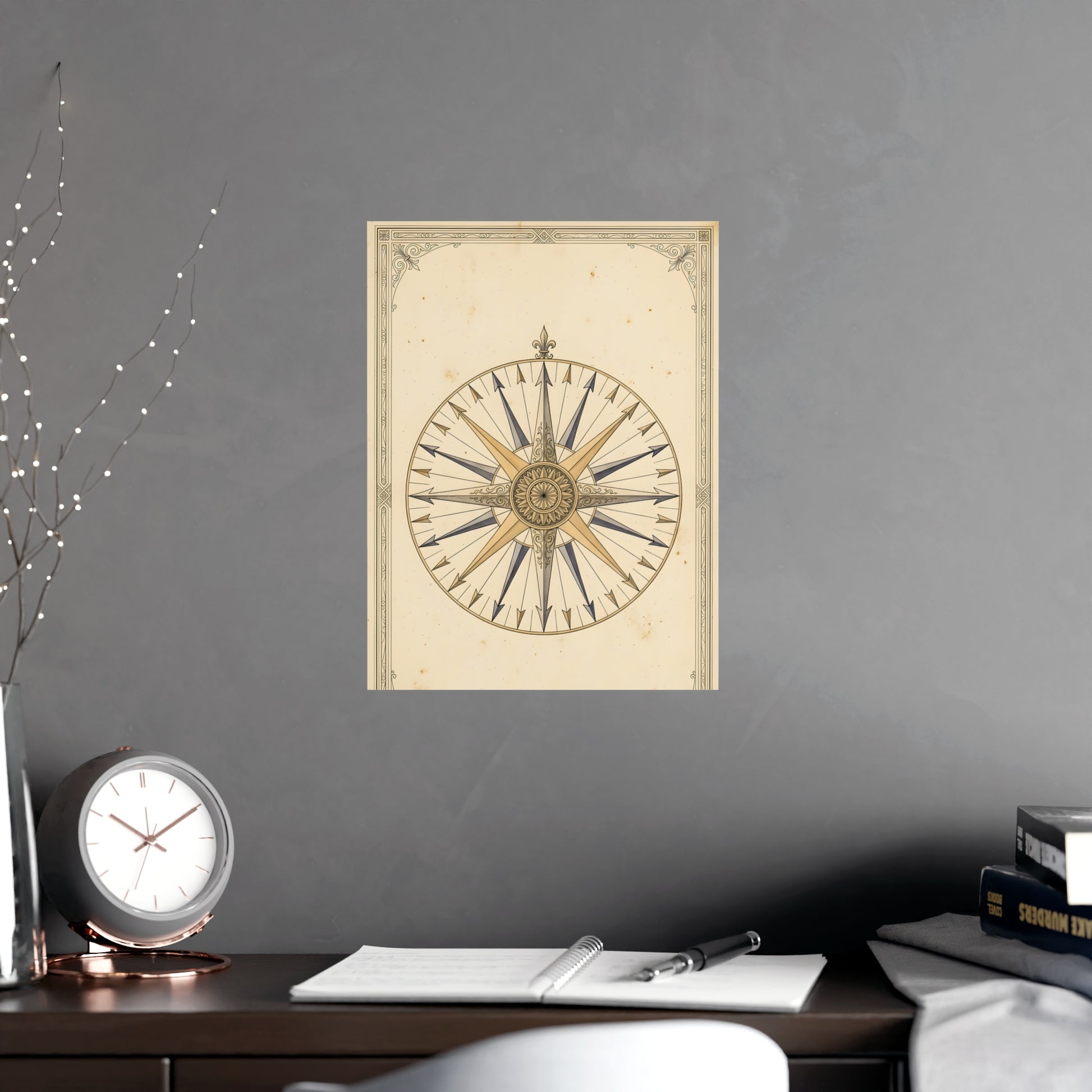 The Compass Card hung above a sofa with a side table and lilies, 12x18 in print